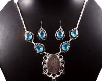 Natürliche schwarze Fossil Koralle / Topas Halskette Ohrring, 925 Sterling Silber Halskette Set, handgemachte Halskette Ohrring, Geschenke für sie, Jubiläumsgeschenk