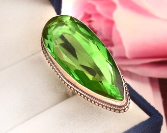 Peridot ring, statement ring, long green gemstone ring, 925 sterling silver ring, handmade ring, gift for her/him, anniversary gift