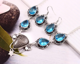 Natürliche schwarze Fossil Koralle / Topas Halskette Ohrring, 925 Sterling Silber Halskette Set, handgemachte Halskette Ohrring, Geschenke für sie, Jubiläumsgeschenk