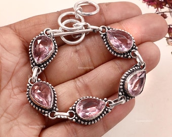 Pulseira de Kunzita Rosa, Pulseira de Pedra Preciosa, Pulseira de Kunzita, Pulseira Feita à Mão, Pulseira em Prata de Lei 925, Presente para Ela, Presente de Aniversário