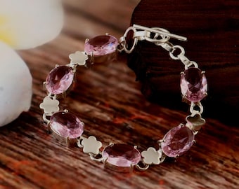 Pulseira de Kunzita Rosa, Pulseira de Pedras Preciosas, Pulseira de Kunzita, Pulseira Feita à Mão, Pulseira de Prata Esterlina 925, Presente para Ela, Presente de Aniversário