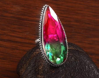 Anillo de turmalina bicolor, anillo llamativo, anillo de piedras preciosas, anillo de plata de ley 925, anillo hecho a mano, regalo para ella/él, regalo de aniversario