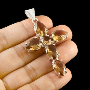 Smoky quartz cross pendant,handmade pendant,925 sterling silver pendant,gemstone pendant, gift for her/him, anniversary gift,birthday gift