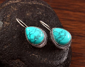 Türkis Ohrringe, Handgefertigter Ohrring, 925 Sterling Silber Ohrring, Edelstein Tropfen Ohrring, Geschenk für sie, Dangal Ohrring für Frauen