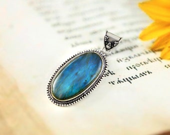 Ciondolo labradorite, ciondolo con pietra preziosa blu, ciondolo in argento sterling 925, ciondolo fatto a mano, regalo per lei/lui, regalo di anniversario