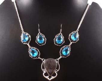 Natürliche schwarze Fossil Koralle / Topas Halskette Ohrring, 925 Sterling Silber Halskette Set, handgemachte Halskette Ohrring, Geschenke für sie, Jubiläumsgeschenk