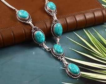 Turquoise ketting, handgemaakte ketting, 925 sterlingzilveren ketting, damessieraden, edelsteenketting, cadeau voor haar, jubileumcadeau