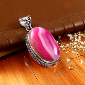 Pink agate pendant, agate gemstone pendant, 925 sterling silver pendant, handmade pendant, agate jewelry, gift for her, christmas gift