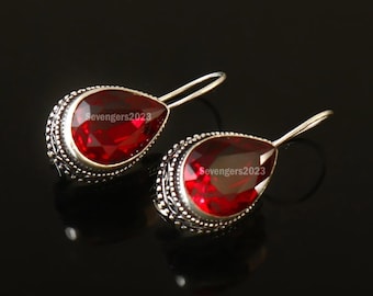 Pendiente de granate, pendiente hecho a mano, pendiente de granate rojo, pendiente de plata de ley 925, regalo para ella, pendiente para mujer, regalo de cumpleaños, regalo de aniversario