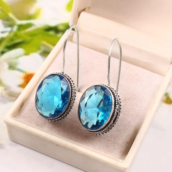 Boucles D'oreilles Crochet En Laiton Plaqué Argent 925 - Pierre Topaze Jaune - Fait Main - Neuf