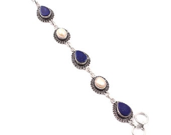 Natural Lapis Lazuli,Pearl Bracelet,Multi Gemstone Bracelet,Handmade Bracelet,925 Sterling Silver Bracelet,Gift For Her/Him, Christmas Gift