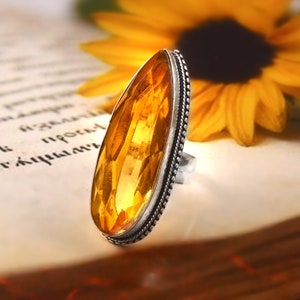 Citrine ring, statement ring, long gemstone ring, 925 sterling silver ring, handmade ring, gift for her, anniversary gift, mother&#39;s day gift