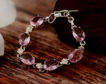 Pulseira de Kunzita Rosa, Pulseira de Pedra Preciosa, Pulseira de Kunzita, Pulseira Feita à Mão, Pulseira em Prata de Lei 925, Presente para Ela, Presente de Aniversário