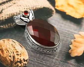 Garnet pendant,red gemstone pendant,925 sterling silver pendant,handmade pendant,gift for her,anniversary gift