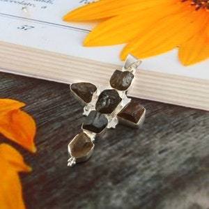 Natural rough smokey pendant, gemstone pendant, 925 sterling silver pendant, handmade pendant, cross pendant, gift for her,christmas gift