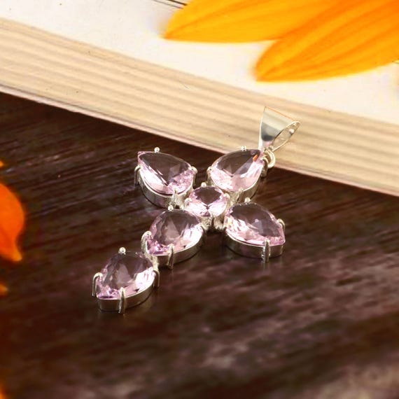 Handmade Pink Kunzite & Silver Cross Charm Necklace - 18" Platinum Plated, Genuine Gemstone 12 thumbnail image