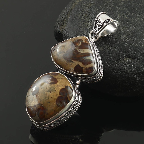 Pendentif Vintage Argent 925 Avec Agate Naturelle Ovale - Longueur Chaîne 30 Pouces (76 Cm) - Occasion