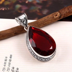 Garnet pendant,red gemstone pendant,925 sterling silver pendant,handmade pendant,gift for her,anniversary gift,vintage pendant