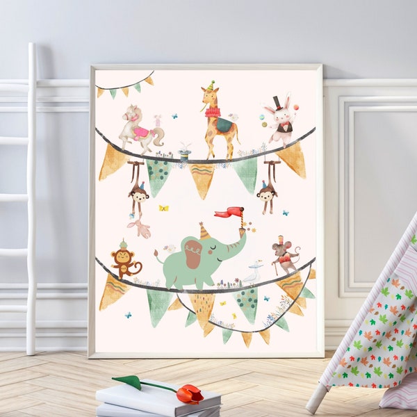 Circus Animals Print, Cute Watercolor Nursery Decor, Baby Boy Girl, Kids Room Decoration, Animals Theme Poster, Neutral, Hight Resolution