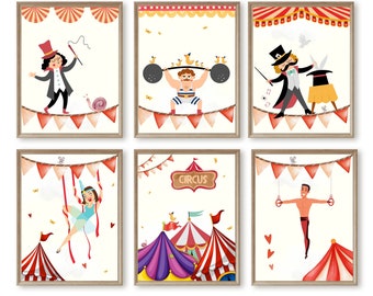 Set of 6 Circus Nursery Acrobats, Strongman Art Prints for Kids Room Decor, Instant Downloadable in Hight Resolution (300dpi), 5 ratio Sizes