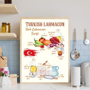 Turkish Recipes Lahmacun Print, Turkish Food Poster, Turkish Restaurant Art, Food Recipe Poster, Cooking, Kitchen Decor, Middle East Kitchen