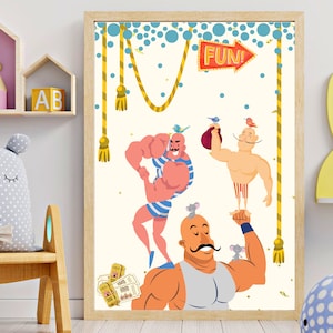 Circus Nursery Print Strongman, Funny Circus Poster, Circus Acrobat Theme Decor, Body Building Print, Kids Room Wall Decor, Digital Download