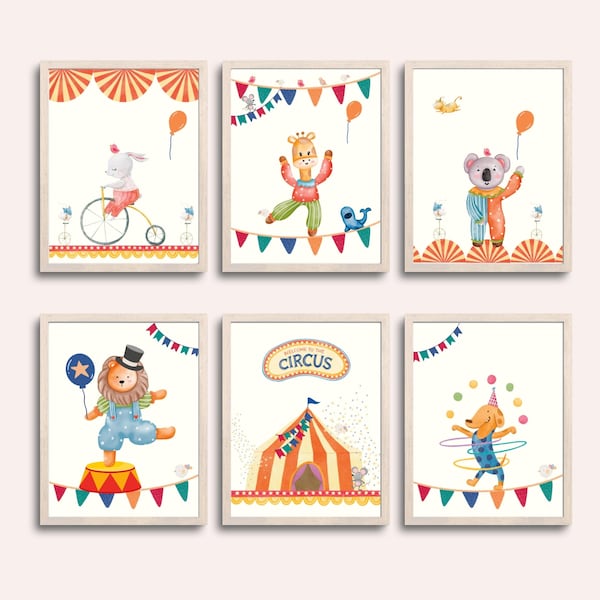 Set of 6 Circus Nursery Prints, kinderzimmer Circus Acrobats Poster, Circus Animals Prints, Carnival, Kids Room Wall Decor, High Resolution