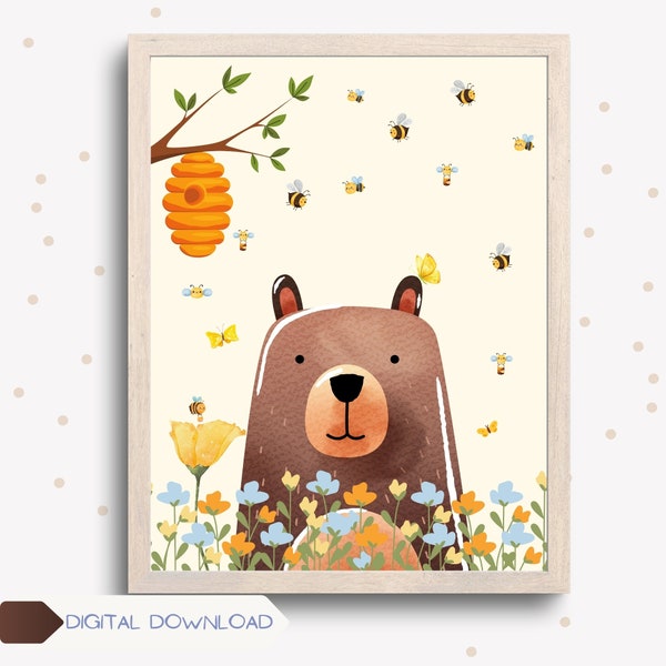 Beekeper Bear Print, Wildflowers, Bees, High Resolution, Neutral Kids Room Decor, Educational Prints, Nature Theme Poster,Cute Nursery Decor