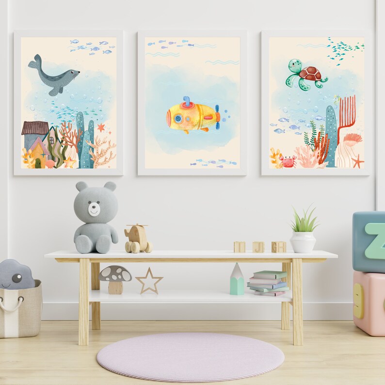Set of 3 Under the Sea Themed Wall Art Prints Decor Sea Etsy
