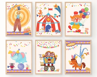 Circus Nursery Set of 6 Prints, Circus Animals Poster, Kids room Wall Decor, Carnival Nursery Decor, Instant Downloadable, 5 ratio sizes