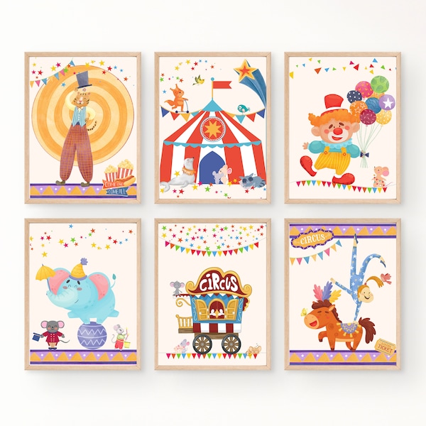 Circus Nursery Set of 6 Prints, Circus Animals Poster, Kids room Wall Decor, Carnival Nursery Decor, Instant Downloadable, 5 ratio sizes