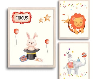 Set of 3 Circus Animals Themed Prints, Circus Nursery, Prints for Kids Room Decor, Circus Poster Neutral, Lion Art, Hight Resolution,Digital