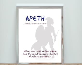 Impresión de palabras griegas "Arete", póster de la antigua Grecia, decoración de pared con cita inspiradora, cita filosófica, arte educativo, definición de palabra griega