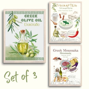 Griekse recepten set van 3 poster, afdrukbaar, eten, hoge resolutie, olijfolie, Tyrokaftery, Moussaka, Griekse keuken afdrukbaar, keukendecor