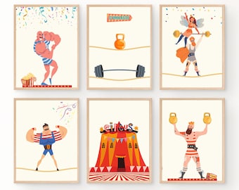 Set of 6 Circus Nursery Acrobats, Strongman Art Prints for Kids Room Decor, Instant Downloadable in Hight Resolution (300dpi), 5 ratio Sizes