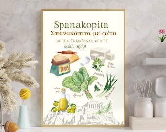 Greek Food Spanakopita Print, Cooking Poster for Kitchen Wall Decore, Herbs Poster, Vegan, Recipe Print for House Decor, Mediterranean Food
