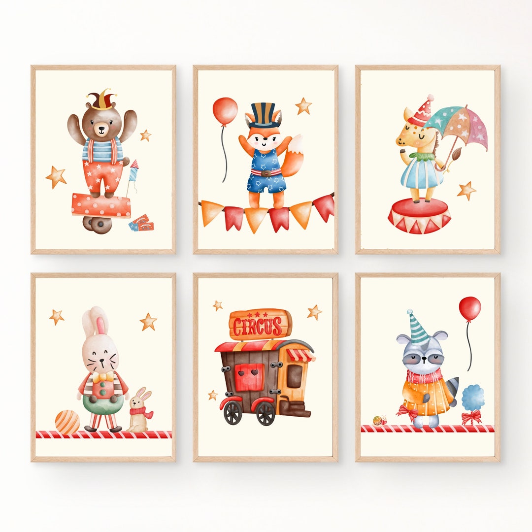 Circus Animals Prints, Set of 6 Funny Circus Wall Decor, Nursery Wall ...