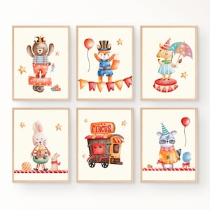 Circusdieren prints, set van 6 grappige circusmuurdecoratie, kunst aan de muur kinderkamer, babykamerdecoratie, carnaval kinderen, kinderkamerdecoratie, hoge resolutie