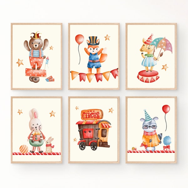 Set of 6 Circus Animals Prints, Circus Nursery Star Themed Prints, Circus Kids, Circus Print, Circus decor, Kids Room Deco, Hight Resolution