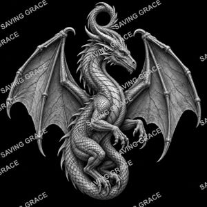 May include: A detailed monochromatic grey dragon sculpture featuring intricate scale textures, large expansive wings, sharp talons, and a coiled tail. The dragon is depicted in a dynamic pose with its head turned to the side. The text SAVING GRACE is repeated.
