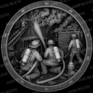 Könnte beinhalten: Eine kreisförmige Reliefplatte in monochromem Grau mit drei Feuerwehrleuten in Schutzkleidung und Helmen. Zwei Feuerwehrleute knien und bedienen einen Schlauch an einem brennenden Gebäude, während ein dritter neben einem Feuerwehrauto steht.