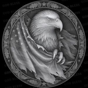 May include: A circular grayscale medallion featuring a detailed eagle head in profile, partially draped in a tattered American flag with visible stars and stripes. The border is decorated with oak leaves and stars, with the text GOD BLESS repeated.