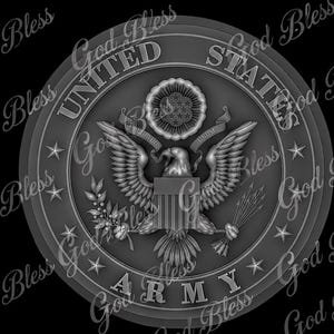 May include: A grayscale United States Army emblem, featuring an eagle with outstretched wings, holding arrows and an olive branch. The words "UNITED STATES ARMY" are inscribed around the emblem, with stars and the phrase "God Bless" in the background.