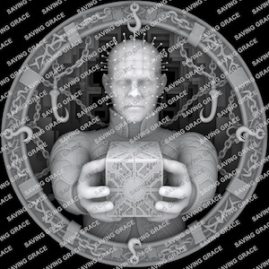 May include: A monochromatic 3D sculpture of a humanoid figure with pins embedded in the head, holding a square puzzle box. The figure is framed by a circular border featuring hanging hooks and chain links against a dark, geometric background.
