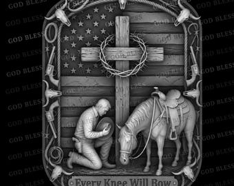 Könnte beinhalten: Eine monochrome Reliefplatte mit einem knienden Cowboy, der einen Hut neben einem gesattelten Pferd und einem mit Dornenkrone umwickelten Holzkreuz hält. Der Hintergrund zeigt eine amerikanische Flagge, Totenköpfe und Revolver. Text: Every Knee Will Bow.