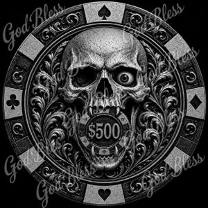 Könnte beinhalten: Schwarz-weißes Pokerchip-Design mit einem detaillierten Totenkopf, der einen 500-Dollar-Chip hält. Das Design umfasst florale Muster, Spielkartensymbole und den Schriftzug "God Bless".