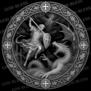 May include: A circular grayscale relief carving depicting a figure in armor wielding a sword and shield against a dragon. The scene is framed by an ornate border featuring oak leaves and four cross symbols, with the text GOD BLESS repeated throughout.
