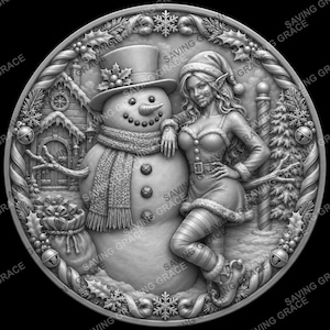 May include: A circular silver-toned relief plaque featuring a snowman wearing a top hat and scarf standing next to a smiling elf in a holiday outfit. The scene includes a small house, a sack of gifts, a pine tree, and a border of holly and snowflakes.