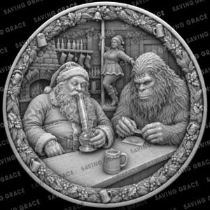 May include: A circular grey relief carving featuring Santa Claus holding a glass water pipe, a furry Bigfoot rolling a cigarette, and a person in a festive outfit standing by a pole. The scene is framed by a detailed wreath of holly and mugs.