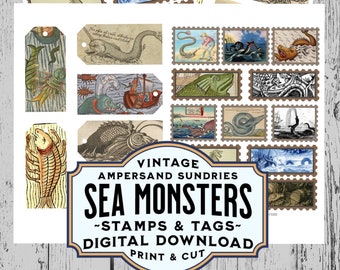 DIGITAL PRINTABLE Vintage Sea Monster Tags & Stamps | Cartography Ephemera Junk Travel Journal Gift Tags Happy Mail Folios Tiny Art